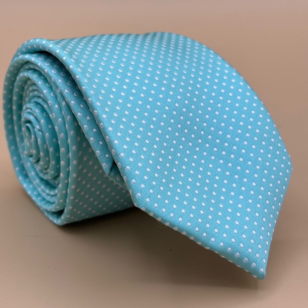 Puccini Mens Aqua Blue White Polka Dot Microfiber Hand Made Necktie Tie‎